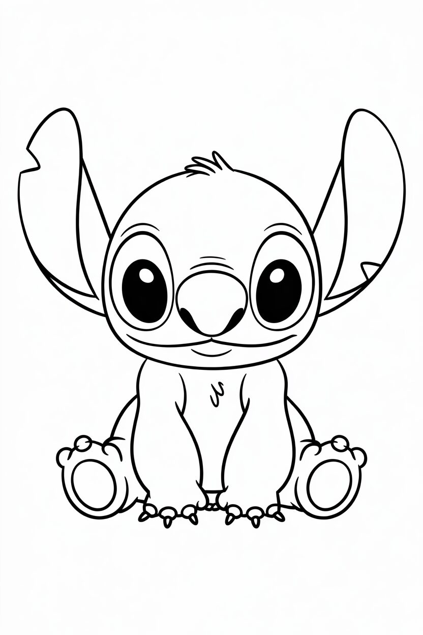 Disegno di Stitch versione baby seduto con orecchie grandi, da colorare.