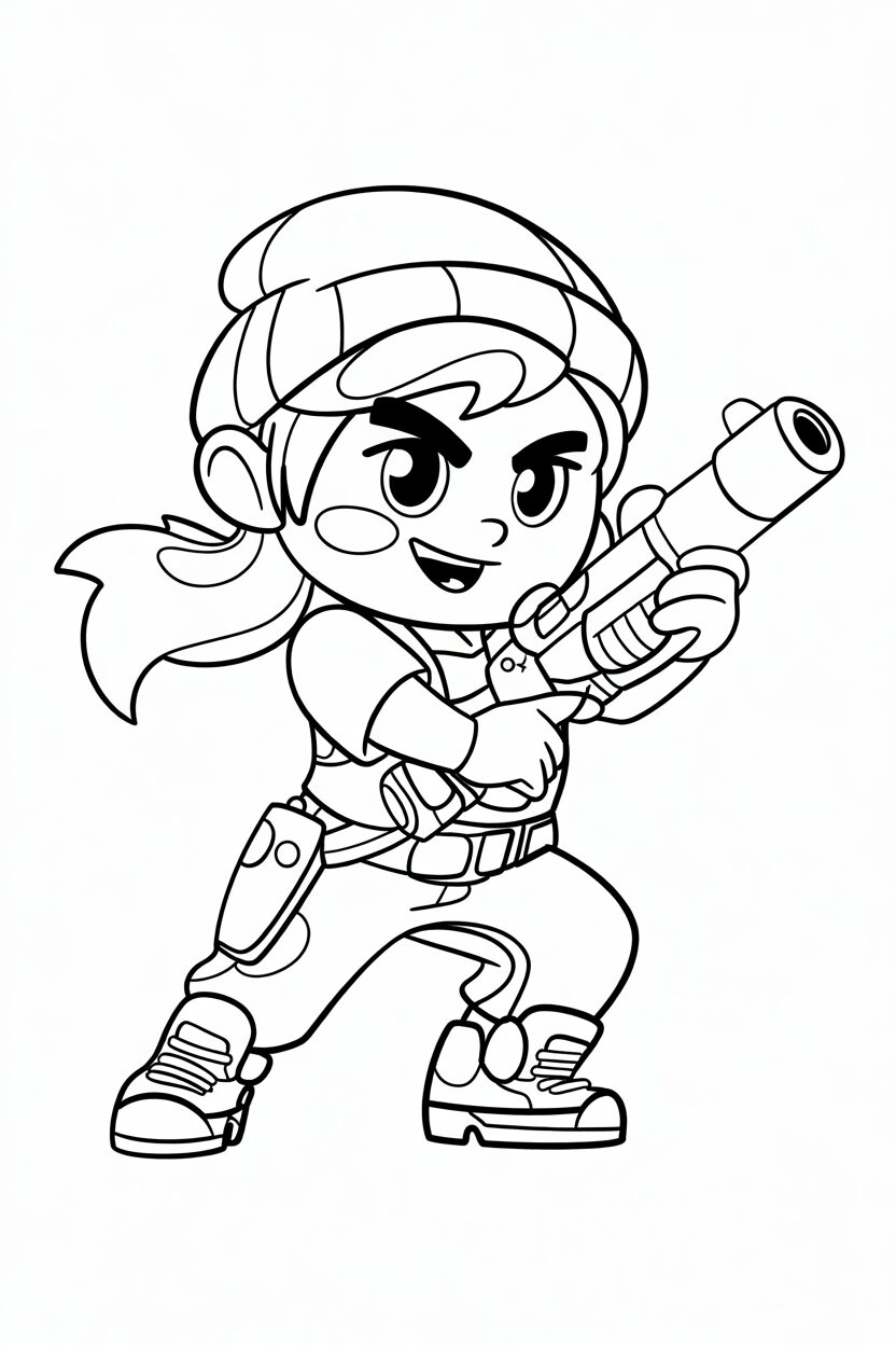 Personaggio di Brawl Stars con pistola in posa d'attacco - pagina da colorare