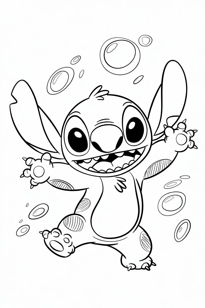 Disegno di Stitch che salta felice tra le bolle, perfetto da colorare.
