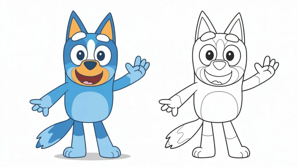 Bluey che saluta – versione colorata e pagina da colorare affiancata