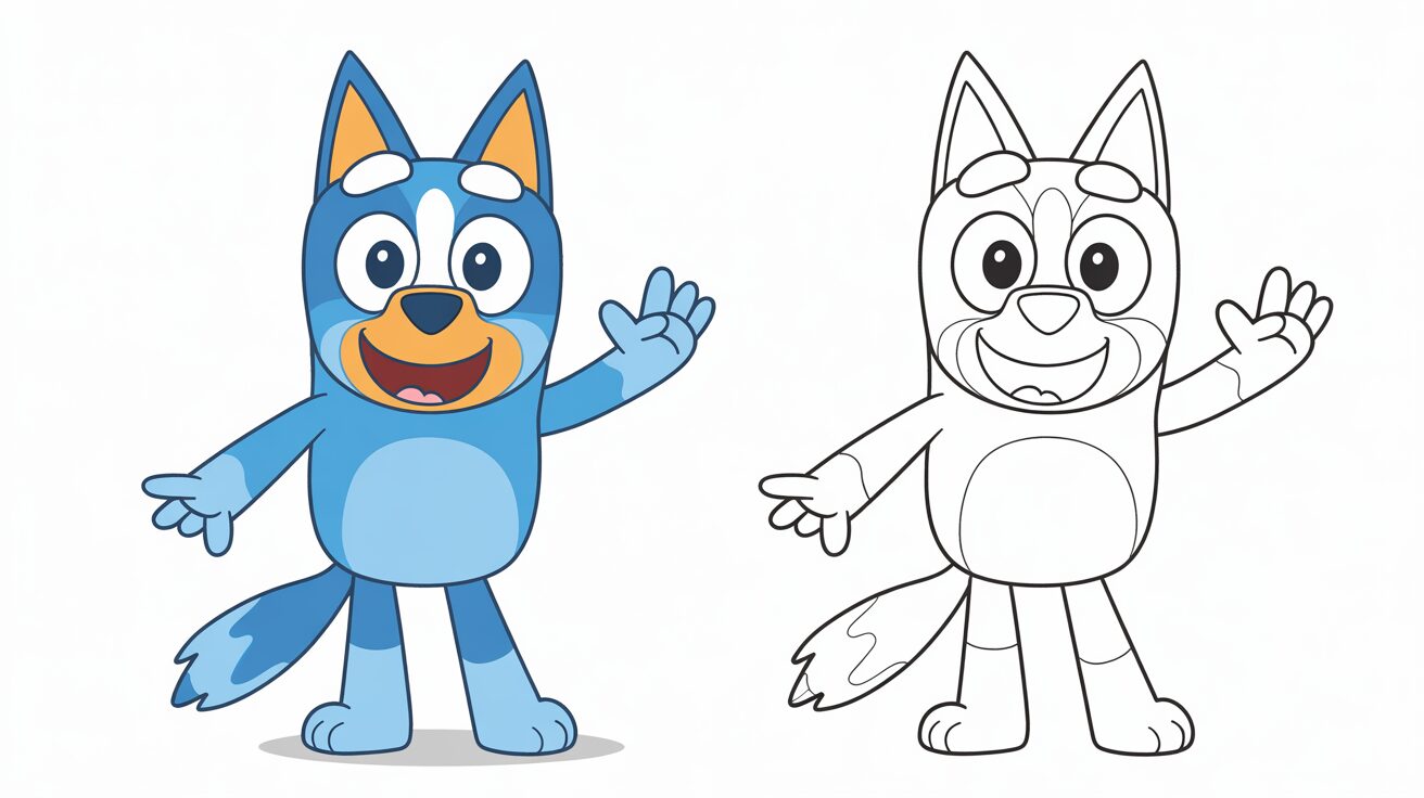 Bluey che saluta – versione colorata e pagina da colorare affiancata
