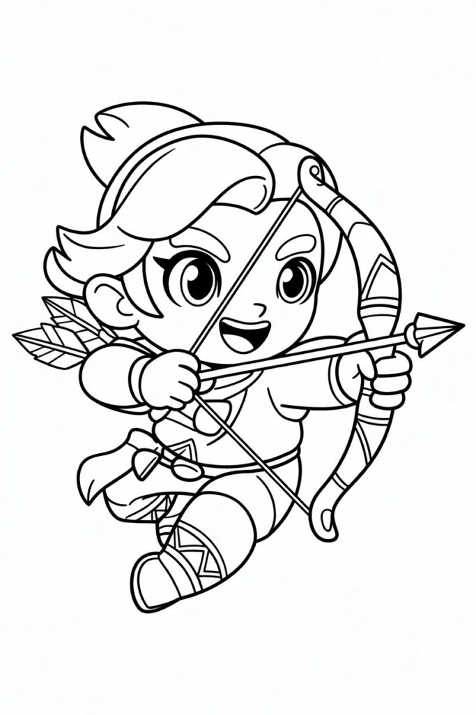 Personaggio Brawl Stars stile chibi che scocca una freccia - pagina da colorare