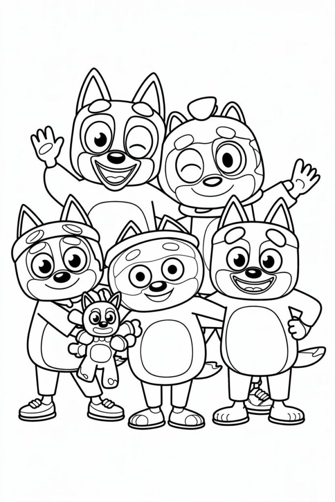 Bluey con la famiglia in un disegno da colorare per bambini