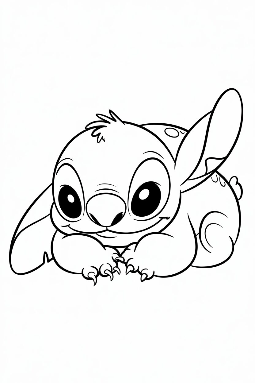 Disegno di Stitch cucciolo sdraiato a pancia in giù, pronto da colorare.