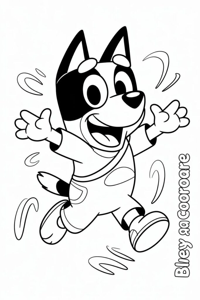 Disegno di Bluey che salta felicemente – pagina da colorare per bambini