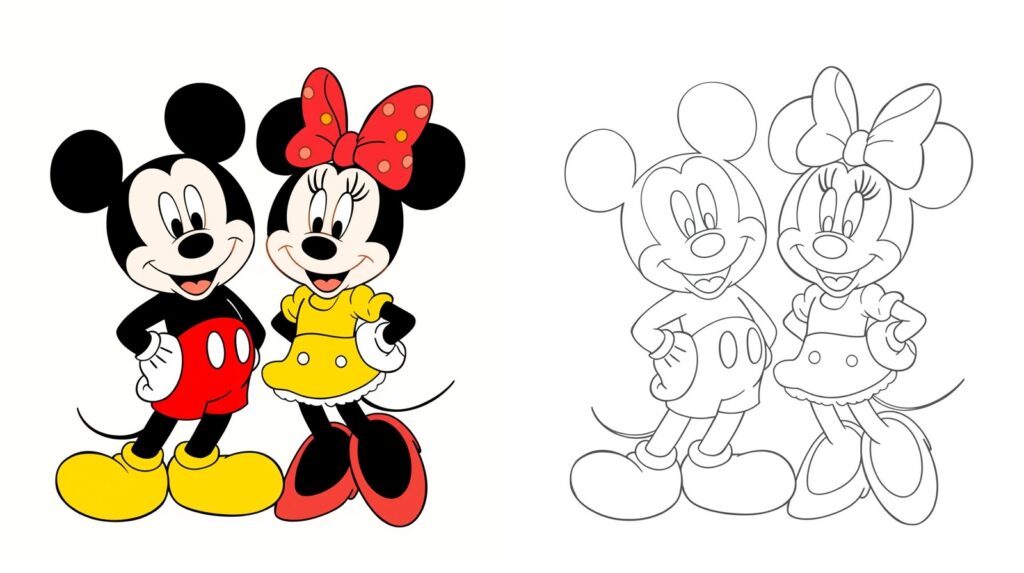 Disegno di Mickey e Minnie – immagine colorata accanto alla versione da colorare