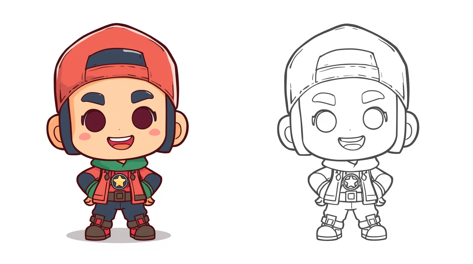 Disegno Brawl Stars da colorare con personaggio chibi con cappello rosso