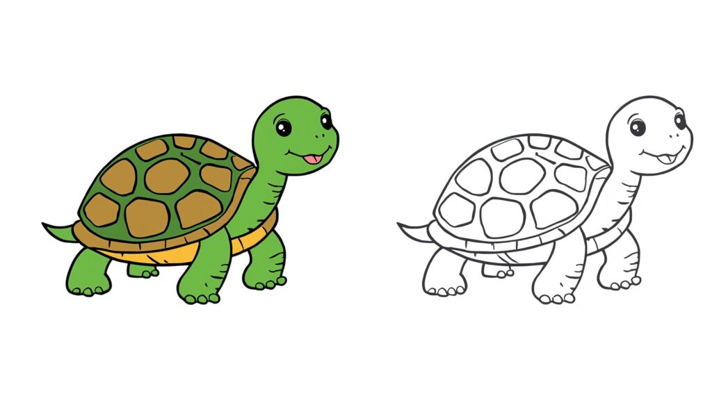 Disegno di una tartaruga verde con guscio marrone affiancata dalla stessa tartaruga in versione da colorare
