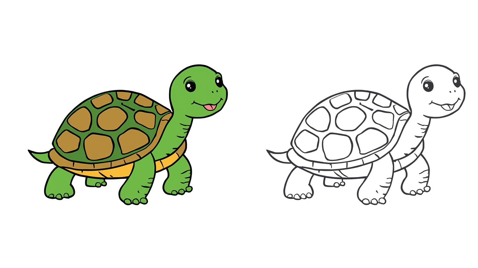 Disegno di una tartaruga verde con guscio marrone affiancata dalla stessa tartaruga in versione da colorare