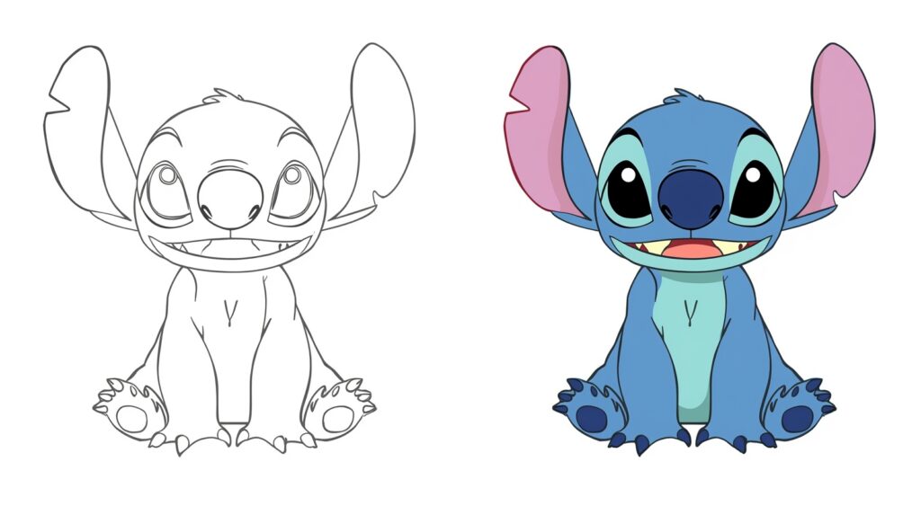 Disegno semplice di Stitch da colorare insieme alla versione già colorata.