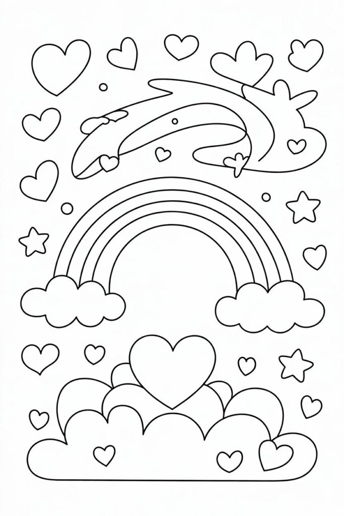 Disegno da colorare con arcobaleno, stelle e tanti cuori