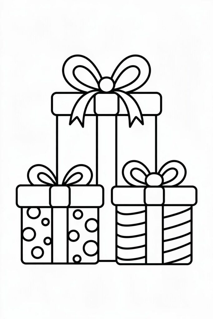 Disegno di pacchi regalo di Natale con fiocchi per bambini da colorare