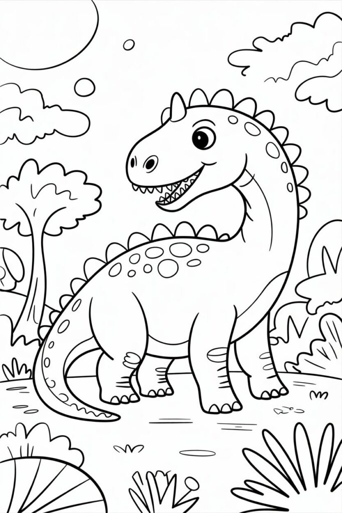Illustrazione di un dinosauro in un paesaggio naturale con alberi e cespugli, perfetto per colorare.