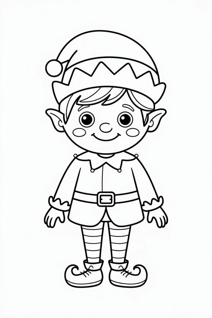 Pagina da colorare con un elfo di Natale sorridente per bambini
