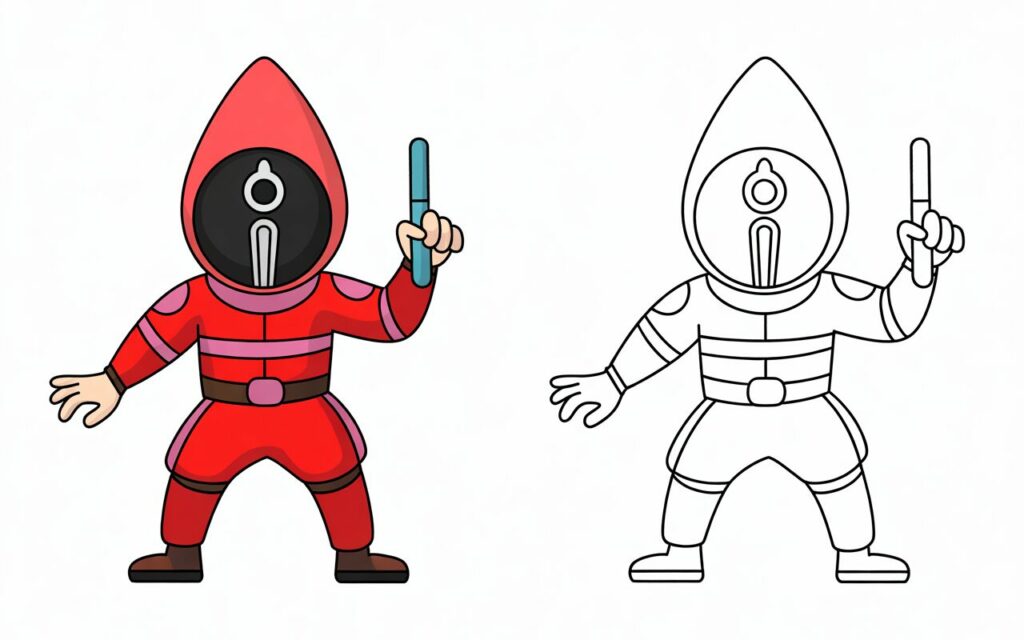 Guardia Squid Game in tuta rossa con bastone, versione colorata e versione da colorare