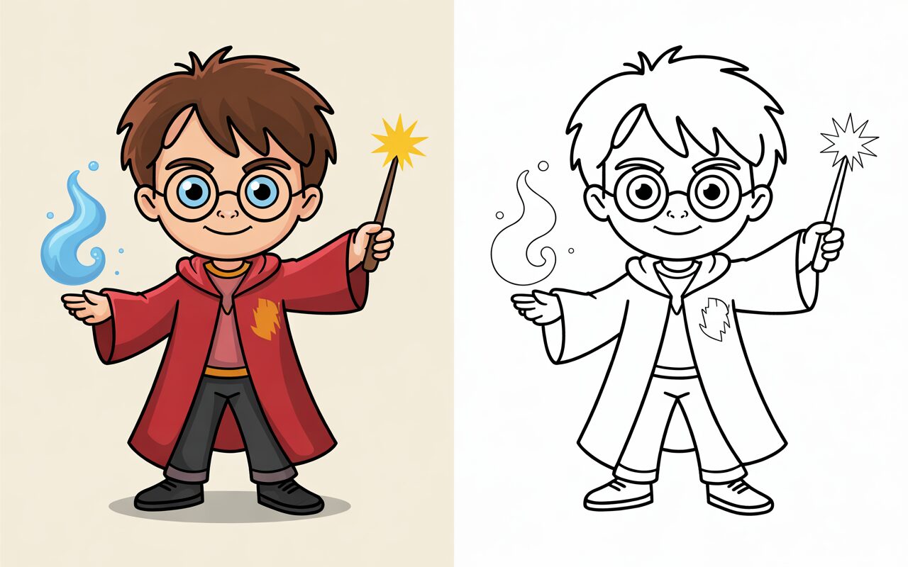 Disegno di Harry Potter con bacchetta magica e una fiamma magica nella mano