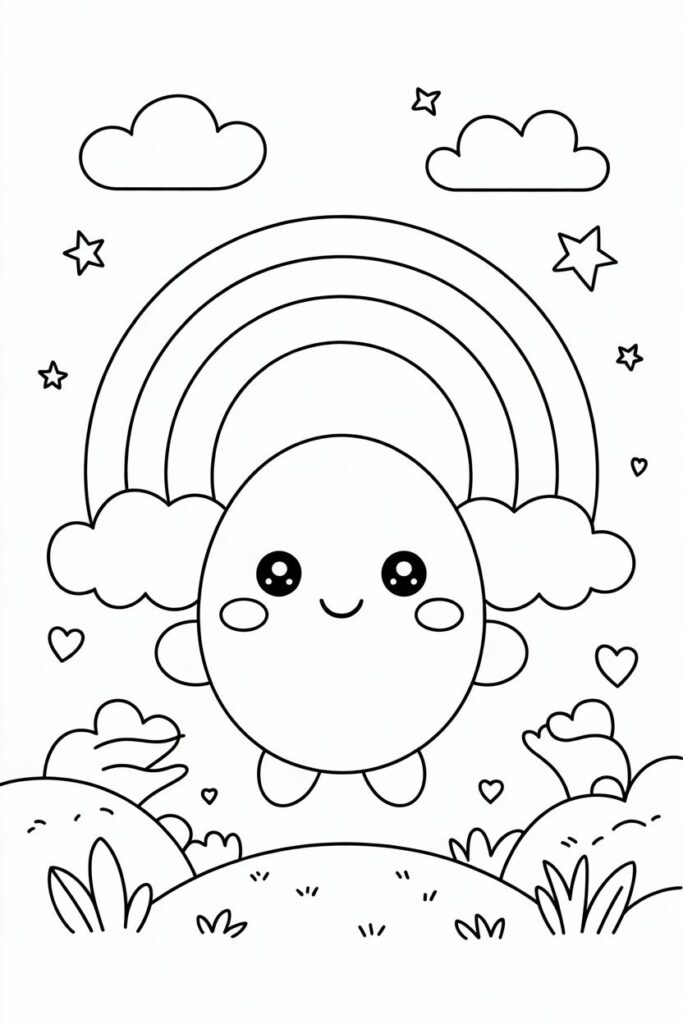 Arcobaleno kawaii con personaggio e cuori