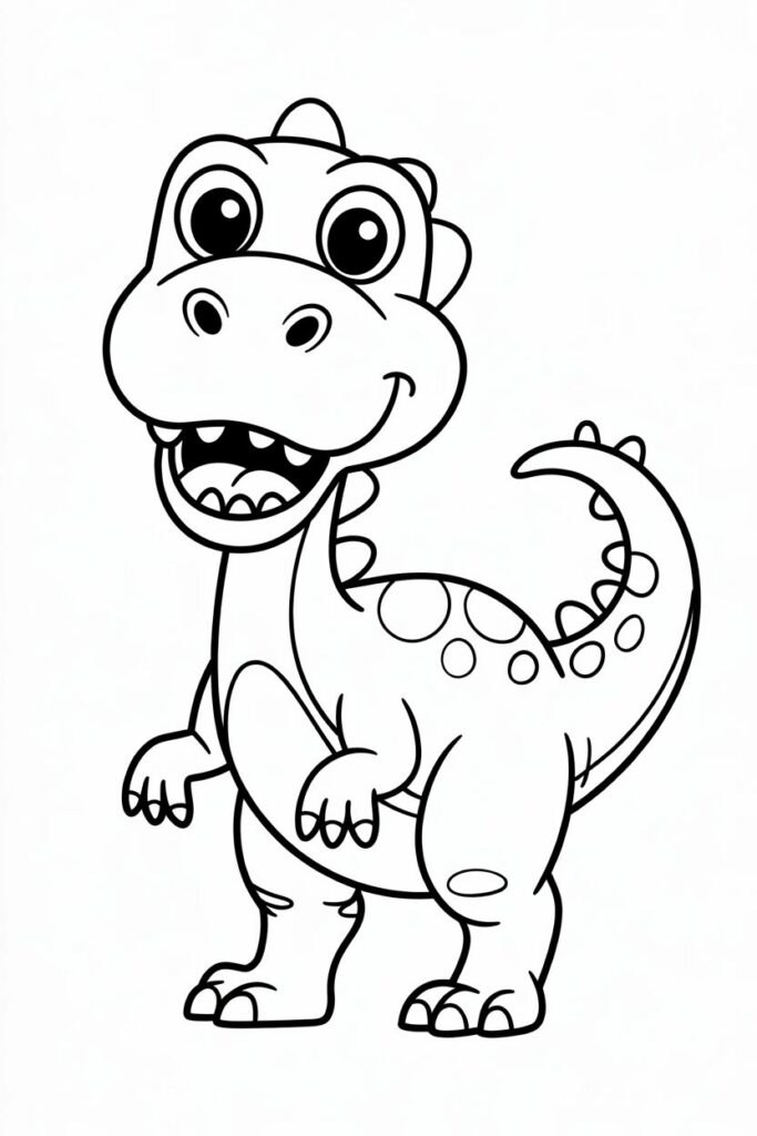 Disegno di un cucciolo di dinosauro sorridente da colorare, con grandi occhi rotondi e corpo maculato.