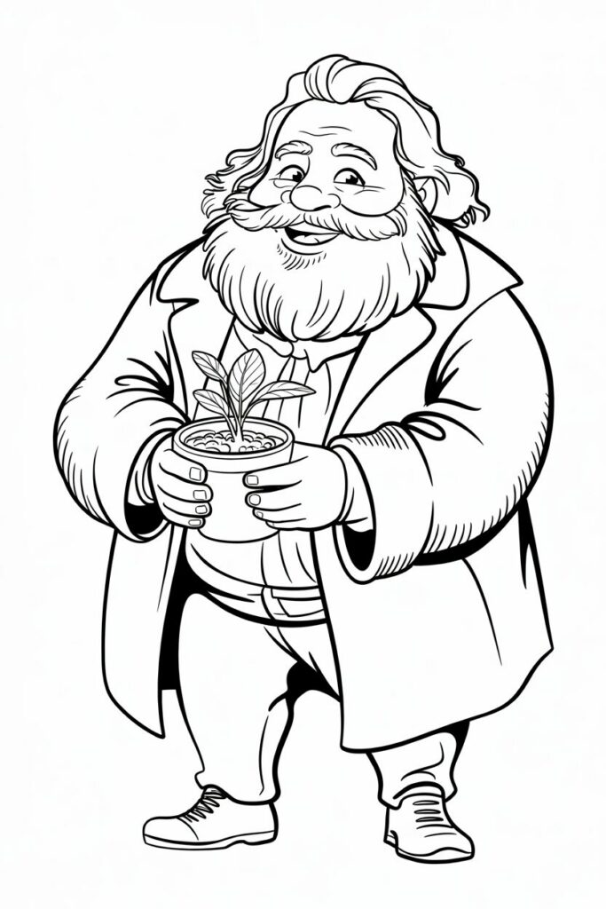 Disegno di Hagrid da colorare mentre tiene un vaso di pianta