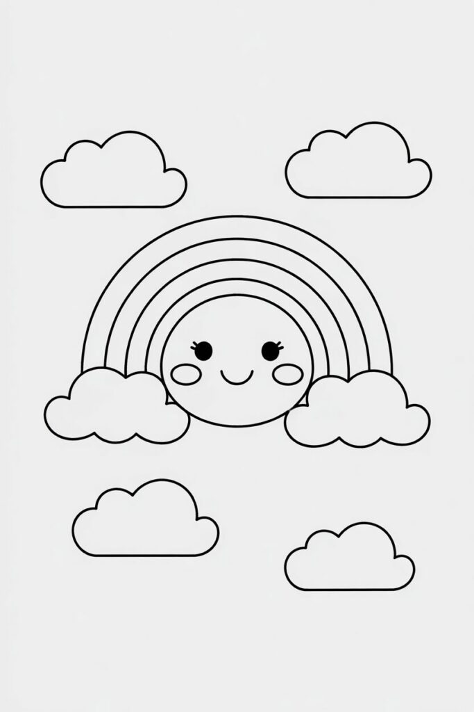 Disegno da colorare di un arcobaleno con faccia sorridente e nuvole