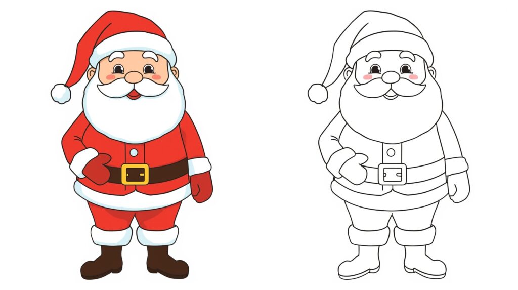 Disegno di Babbo Natale sorridente con giày e găng tay marroni, immagine colorata accanto alla versione da colorare.